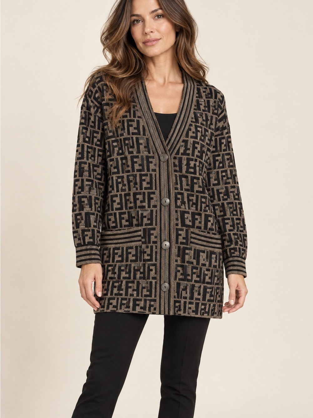 Fendi Zucca Long Button Cardigan - Black & Brown